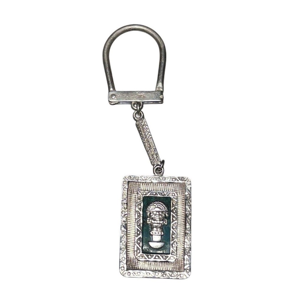 Vintage 925 Sterling Silver Mexico Tumi Deity Keychain Green Stone Inlay 1987